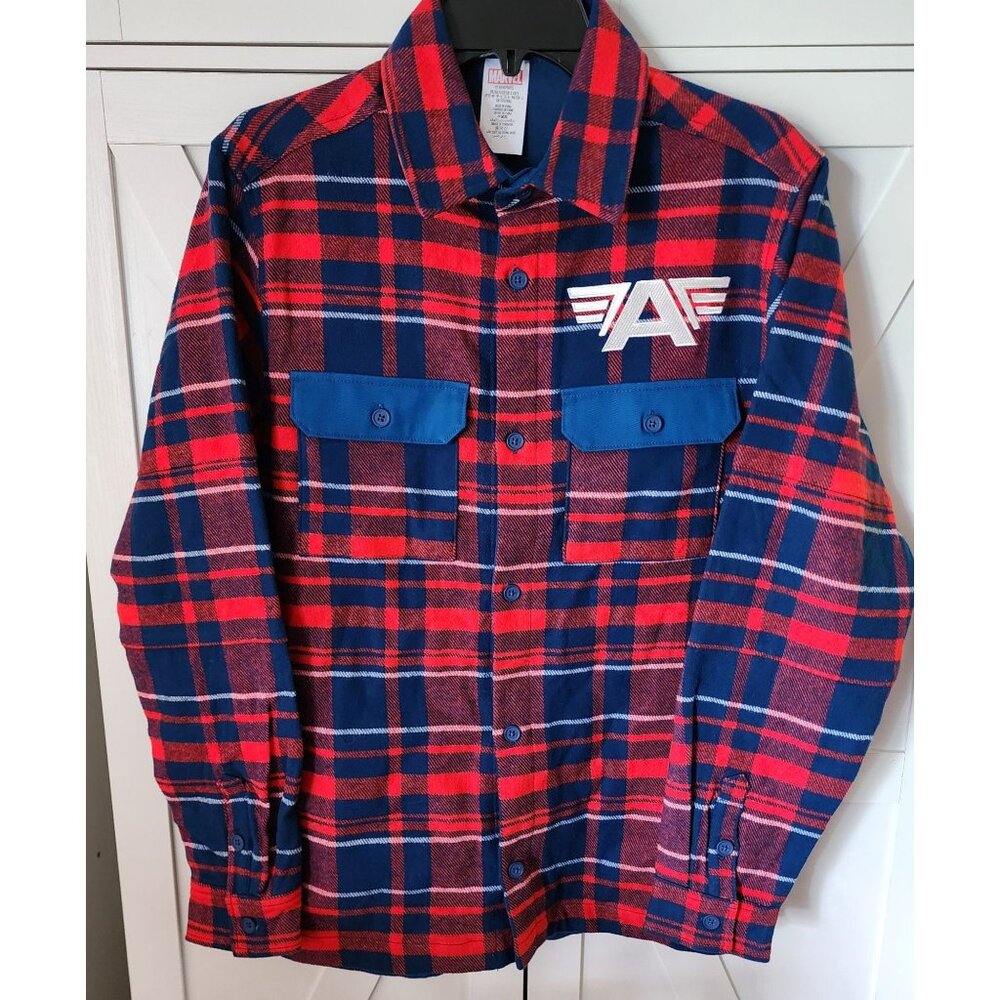 Disney Marvel Captain America Plaid Flannel Shirt Jacket Red‎ & Blue Small NWT